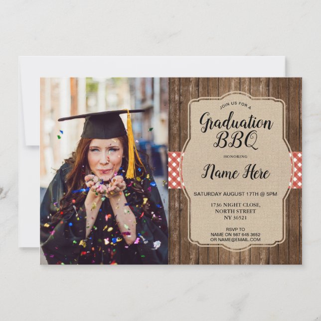 Invitación Partido de Graduación Foto Red Gingham BBQ Burlap  (Anverso)