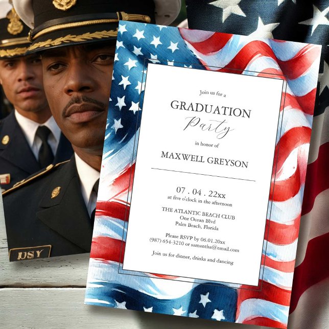 Invitación Partido de Graduación Fotográfica Invitando a la B (Photo graduation invitations watercolor American flag.)