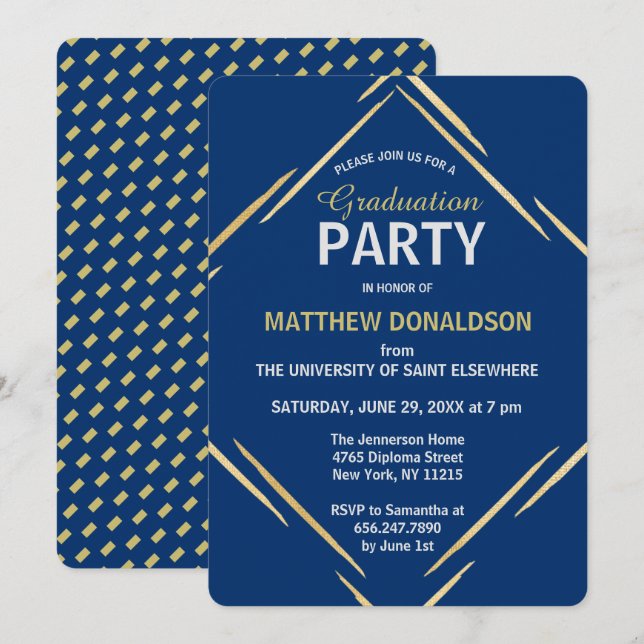 Invitación Partido de Graduación Geométrica Modern Gold Blue  (Anverso / Reverso)