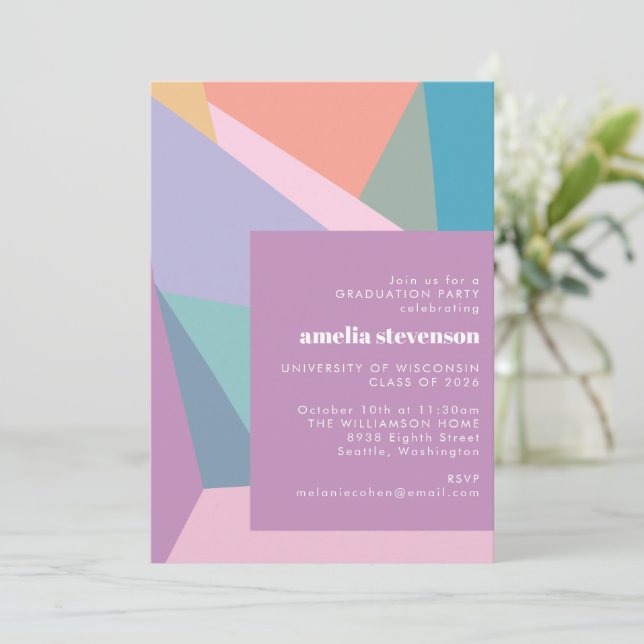 Invitación Partido de Graduación Geométrica Púrpura Moderna y (Anverso de pie)