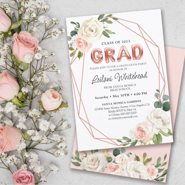 Invitación Partido de Graduación Girly Rubor Pink Floral (Subido por el creador)