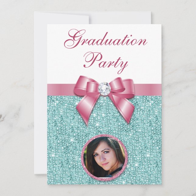 Invitación Partido de Graduación Glam Bow Diamonds agrega tu  (Anverso)