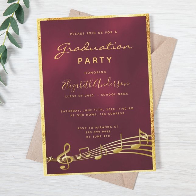Invitación Partido de graduación glam burgundy música oro (Subido por el creador)