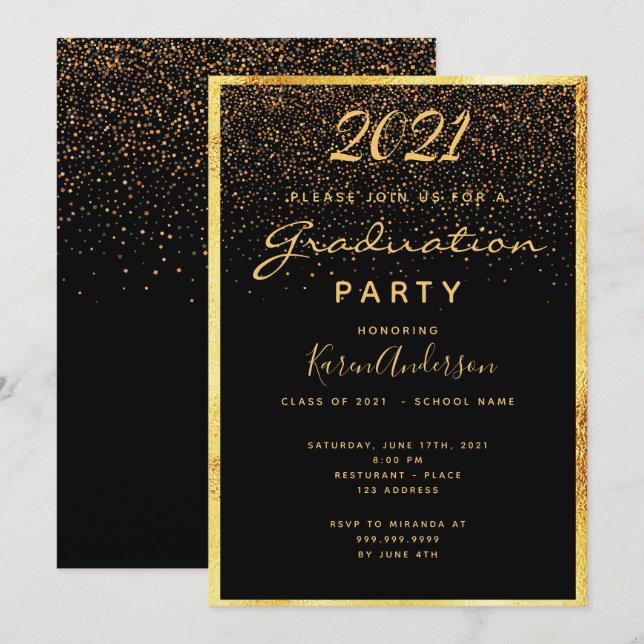 Invitación Partido de graduación glam negro confetti oro (Anverso / Reverso)