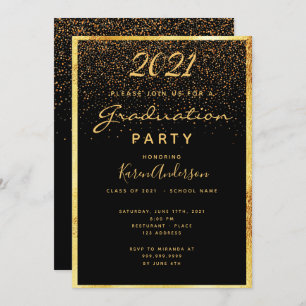 Invitación Partido de graduación glam negro confetti oro