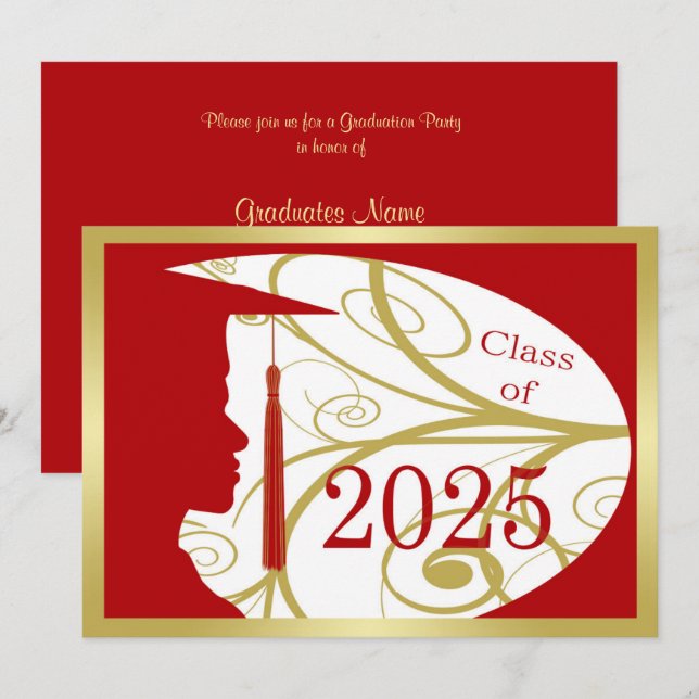 Invitación Partido de Graduación Gold/Red Man Silhouette 2025 (Anverso / Reverso)