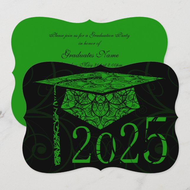 Invitación Partido de Graduación Green and Black Floral Cap 2 (Anverso / Reverso)