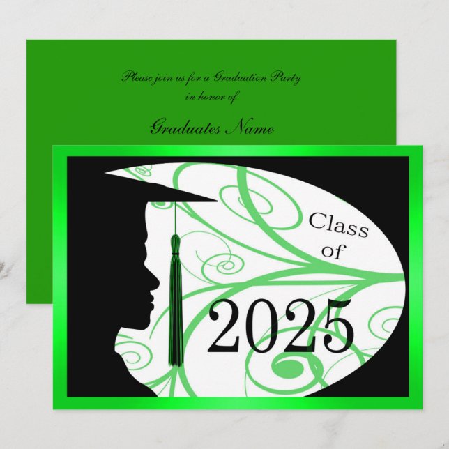 Invitación Partido de Graduación Green & Black Man Silhouette (Anverso / Reverso)