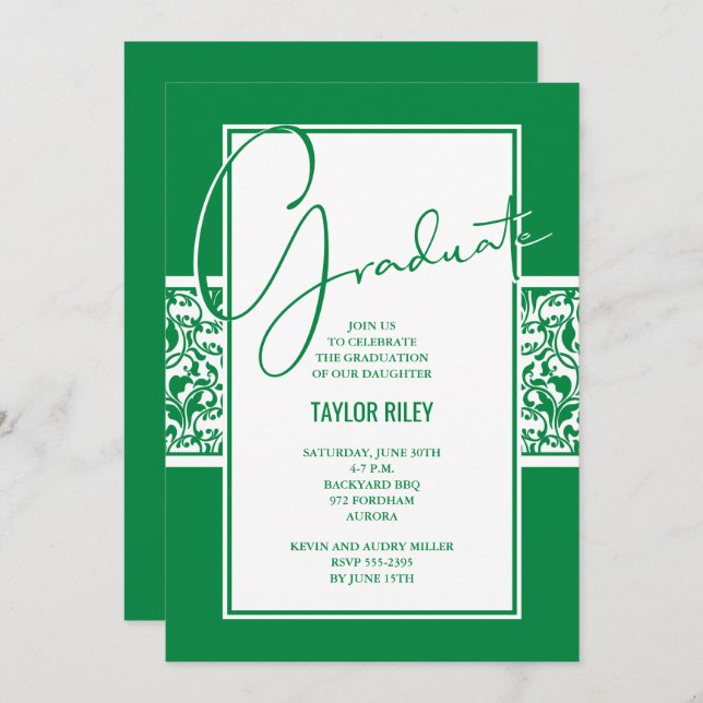 Invitación Partido de Graduación Green White Damask (Anverso / Reverso)