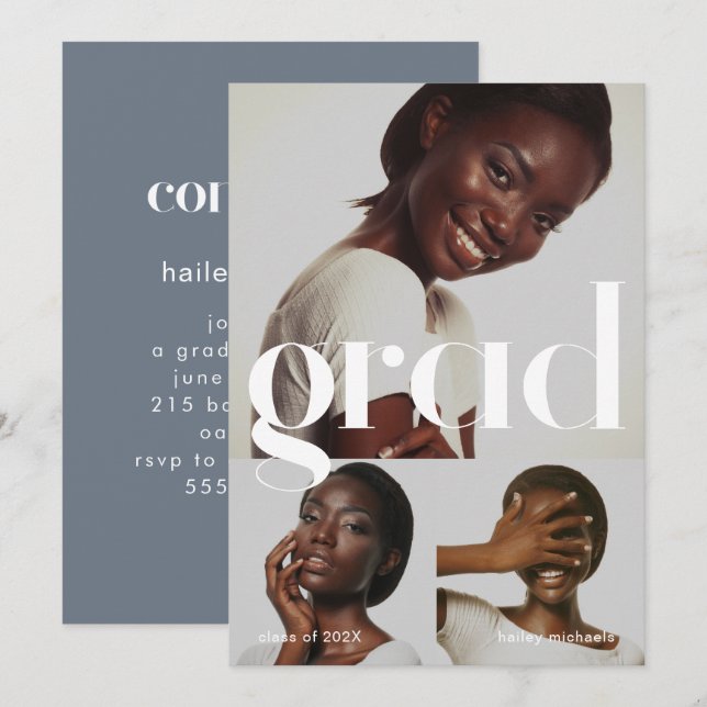 Invitación Partido de Graduación Gris Azul Tres Collages de f (Anverso / Reverso)
