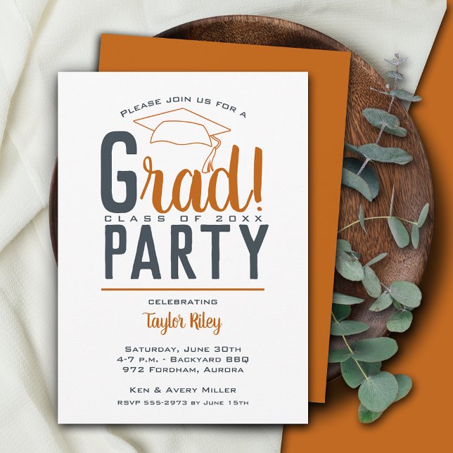 Invitación Partido de Graduación Gris Oscuro Naranja Quemado (Subido por el creador)
