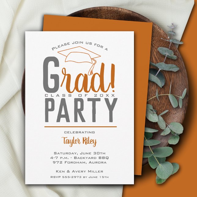 Invitación Partido de Graduación Gris y Naranja Quemado (Subido por el creador)