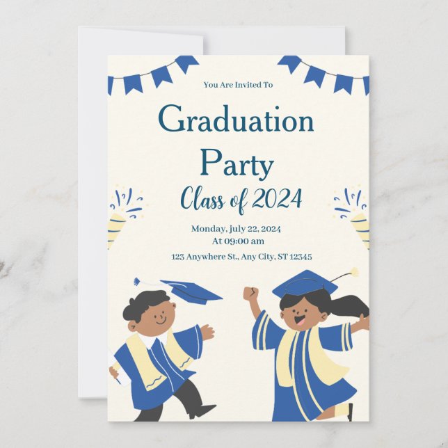 Invitación Partido de Graduación Ilustrativa Azul beige para  (Anverso)