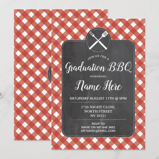 Invitación Partido de Graduación Invita a Red Gingham BBQ Cha (Anverso / Reverso)