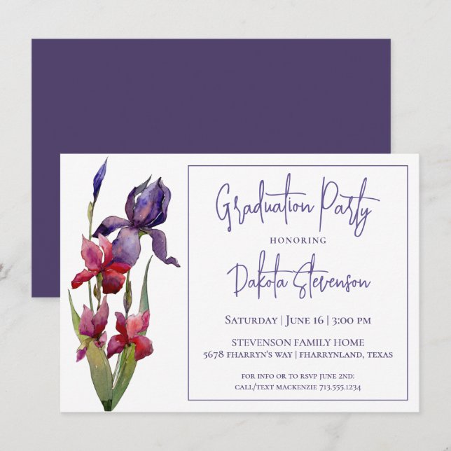 Invitación Partido de Graduación Iris | Flor rosa violeta púr (Anverso / Reverso)