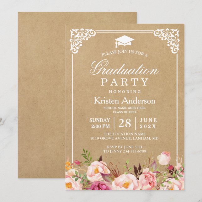 Invitación Partido de Graduación | Kraft de marco floral rúst (Anverso / Reverso)