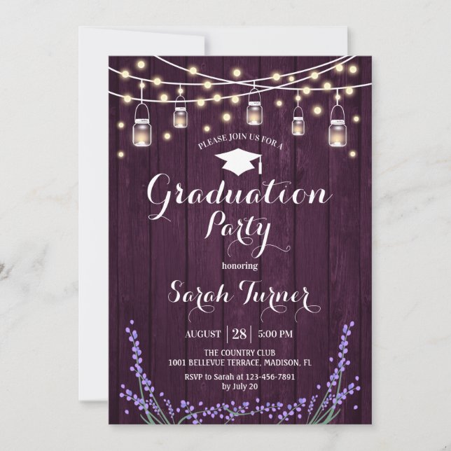Invitación Partido de Graduación - Lavanda Rustic Purple Wood (Anverso)