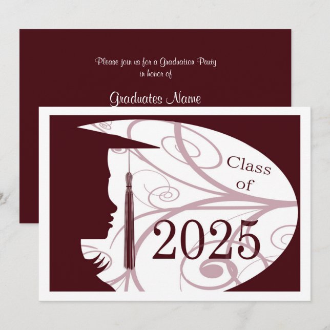 Invitación Partido de Graduación Maroon and White Silhouette  (Anverso / Reverso)