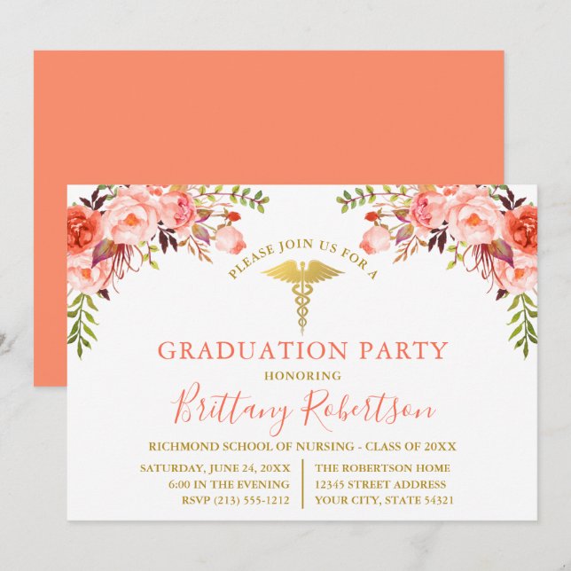 Invitación Partido de Graduación Médica de Acuarela Coral Flo (Anverso / Reverso)