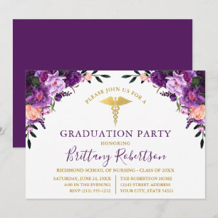 Invitación Partido de graduación médica de acuarela morada fl