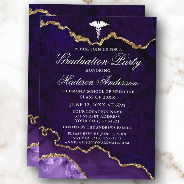 Invitación Partido de Graduación Médica de Mármol Púrpura (Customize to change text size, style or to add more text or photos to back of card.)