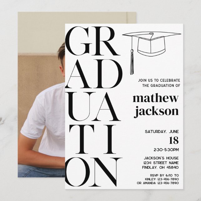 Invitación Partido de Graduación Minimalista Blanco Negro '24 (Anverso / Reverso)