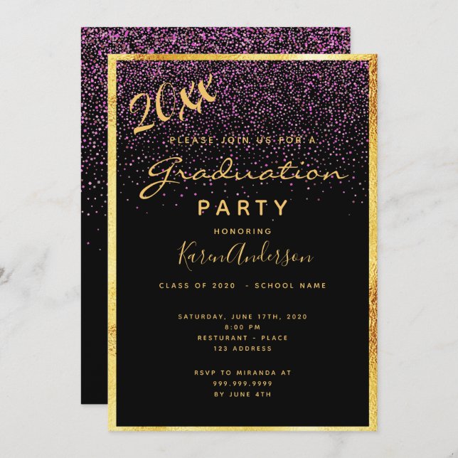 Invitación Partido de graduación moda negro de confetti oro 2 (Anverso / Reverso)