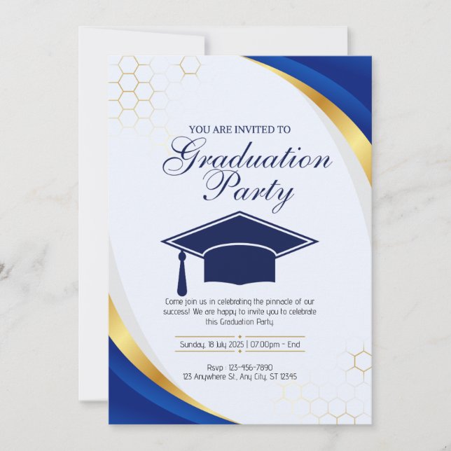 Invitación Partido de Graduación Moderna Azul y Oro (Anverso)