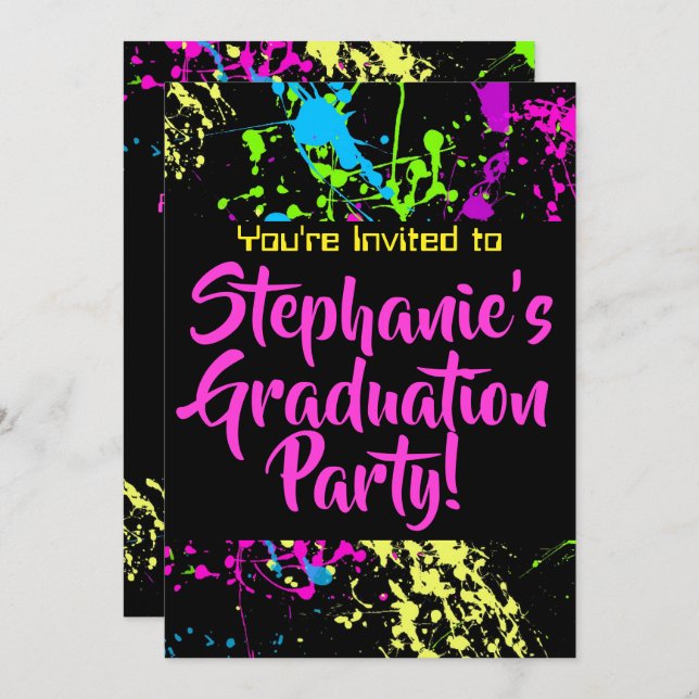 Invitación Partido de Graduación Moderna de Paint Splatter de (Anverso / Reverso)