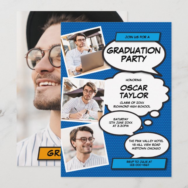 Invitación Partido de Graduación Moderna del Collage de fotos (Anverso / Reverso)