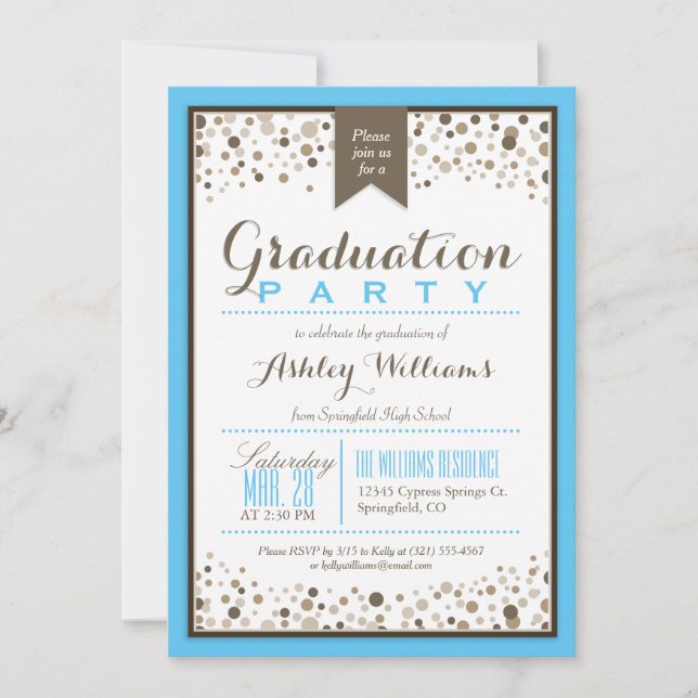 Invitación Partido de Graduación Moderna Sky Blue, White y Ta (Anverso)