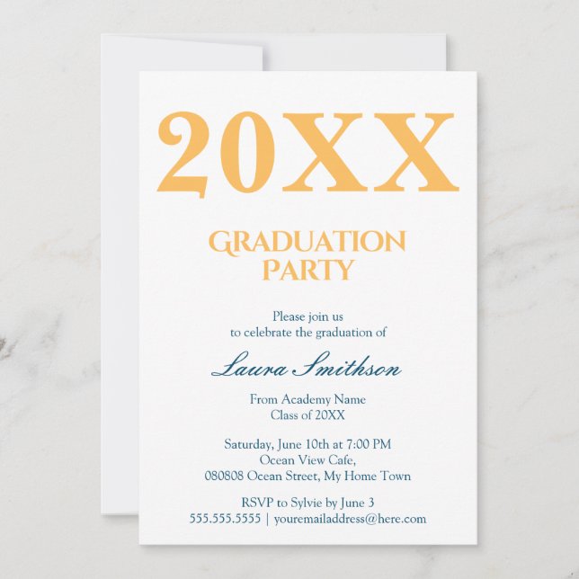 Invitación Partido de Graduación Moderno Amarillo y Azul (Anverso)