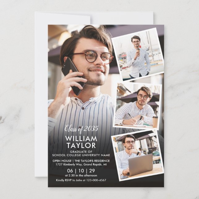 Invitación Partido de Graduación Moderno de 5 Collages de fot (Anverso)