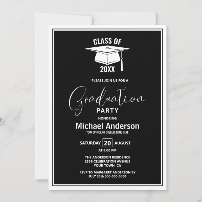 Invitación Partido de Graduación Moderno en Blanco y Negro (Anverso)