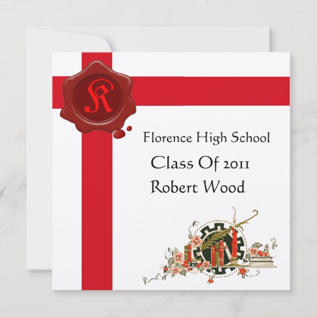 Invitación PARTIDO DE GRADUACIÓN Monograma de sellado de cera (Anverso)