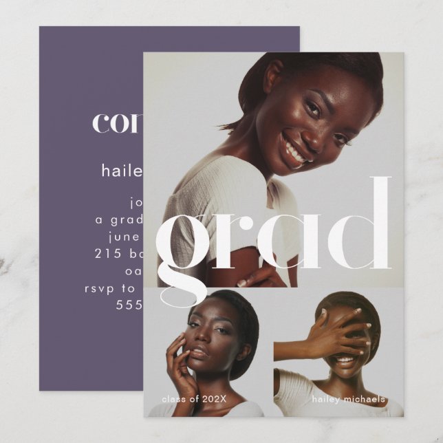 Invitación Partido de Graduación Morado Tres Collages de foto (Anverso / Reverso)