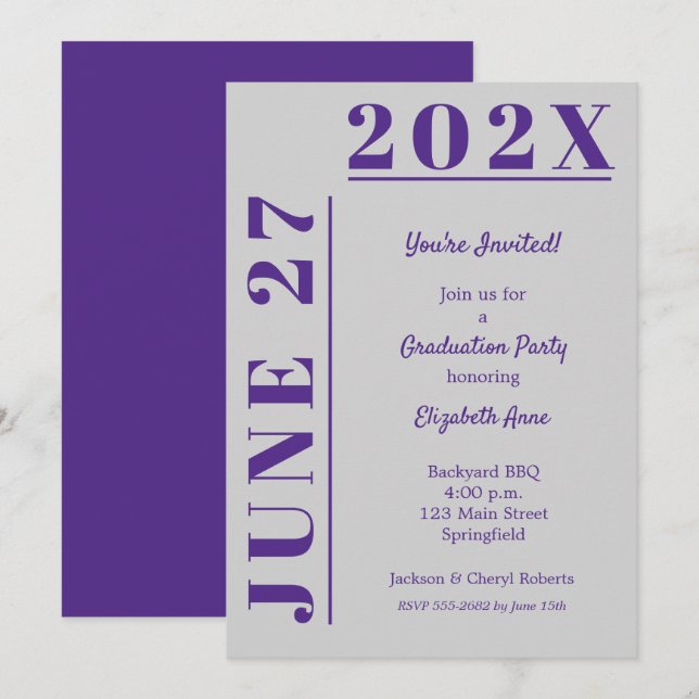 Invitación Partido de Graduación Morado y Gris (Anverso / Reverso)