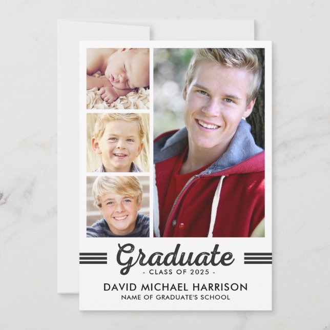 Invitación Partido de Graduación Multifoto en Blanco y Negro (Anverso)