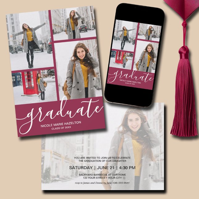 Invitación Partido de Graduación Multifotografía (Multi Photo Maroon Graduation Party Invitations - PRINTED and/or INSTANT DOWNLOAD)