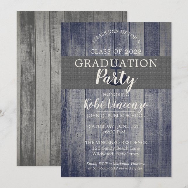Invitación Partido de Graduación Náutica Rustic Beach Wood (Anverso / Reverso)
