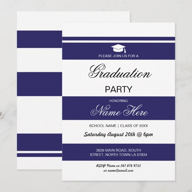 Invitación Partido de Graduación Navía de stripe Invitar a gr (Anverso / Reverso)
