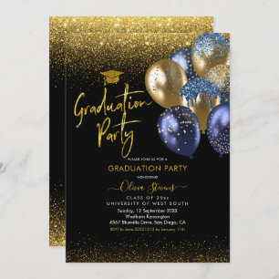 Invitación Partido de Graduación Navy Blue and Gold Sparkling