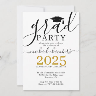 Invitación Partido de Graduación Negra con Guión Moderno