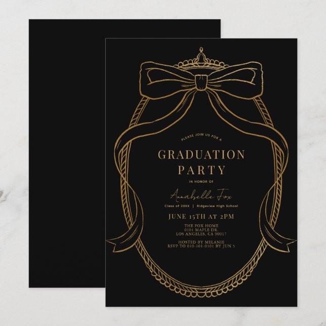 Invitación Partido de Graduación Negra Coquette Gold Bow Ribb (Anverso / Reverso)