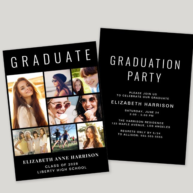 Invitación Partido de Graduación Negra de Collage de fotos Mo (A modern photo collage graduation party invitation to celebrate the graduate's achievements)