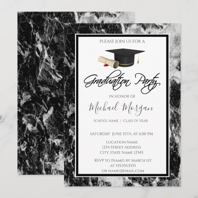 Invitación Partido de Graduación Negra de Mármol de Graduació (Anverso / Reverso)