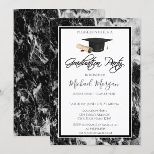 Invitación Partido de Graduación Negra de Mármol de Graduació