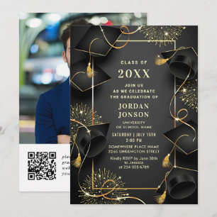 Invitación Partido de Graduación Negra de Oro Moderno Foto có