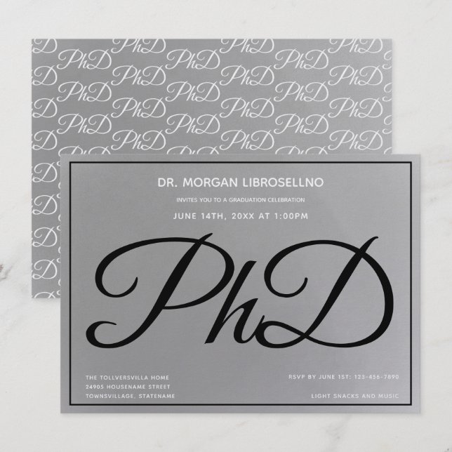 Invitación Partido de Graduación Negra Gris Silver de doctora (Anverso / Reverso)
