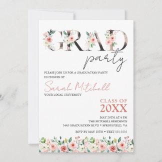 Invitación Partido de Graduación Negra, Oro y Floral